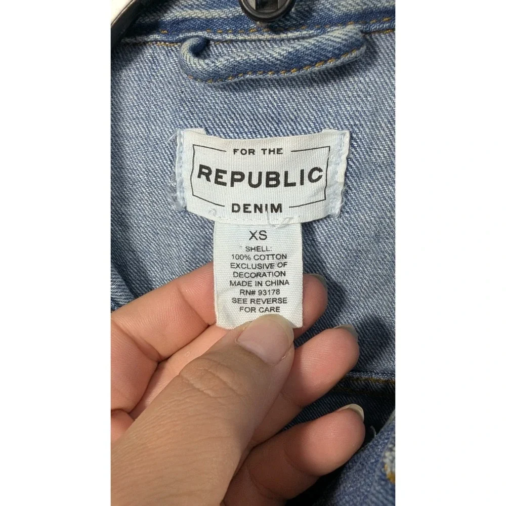 For The Republic Denim Jacket Women XS Blue Distressed Rhinestone Buddha Trucker